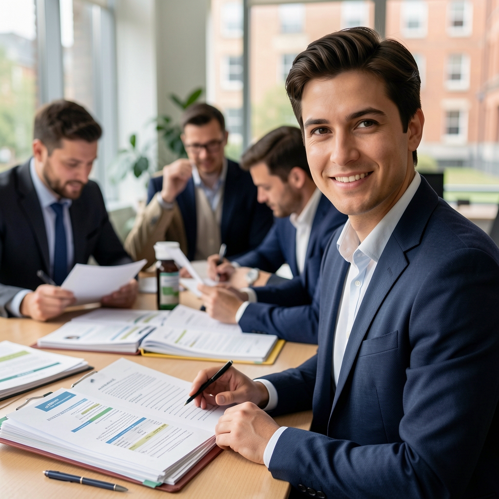 Sarulone editorial workspace with multiple supplement formulation folders open on a table, team members reviewing ingredient data documents, London office environment