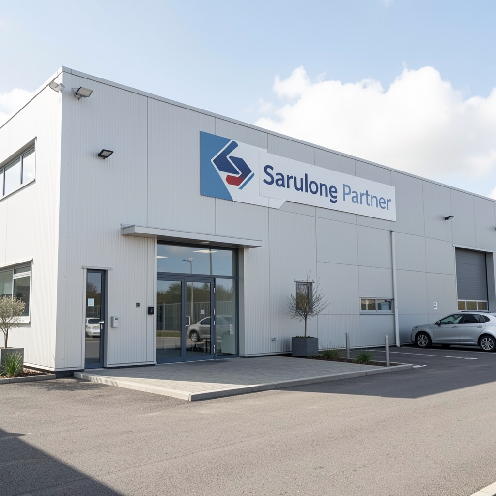 Sarulone sourcing partner facility exterior in UK, clean industrial building with quality signage, daytime exterior photograph, documentary style