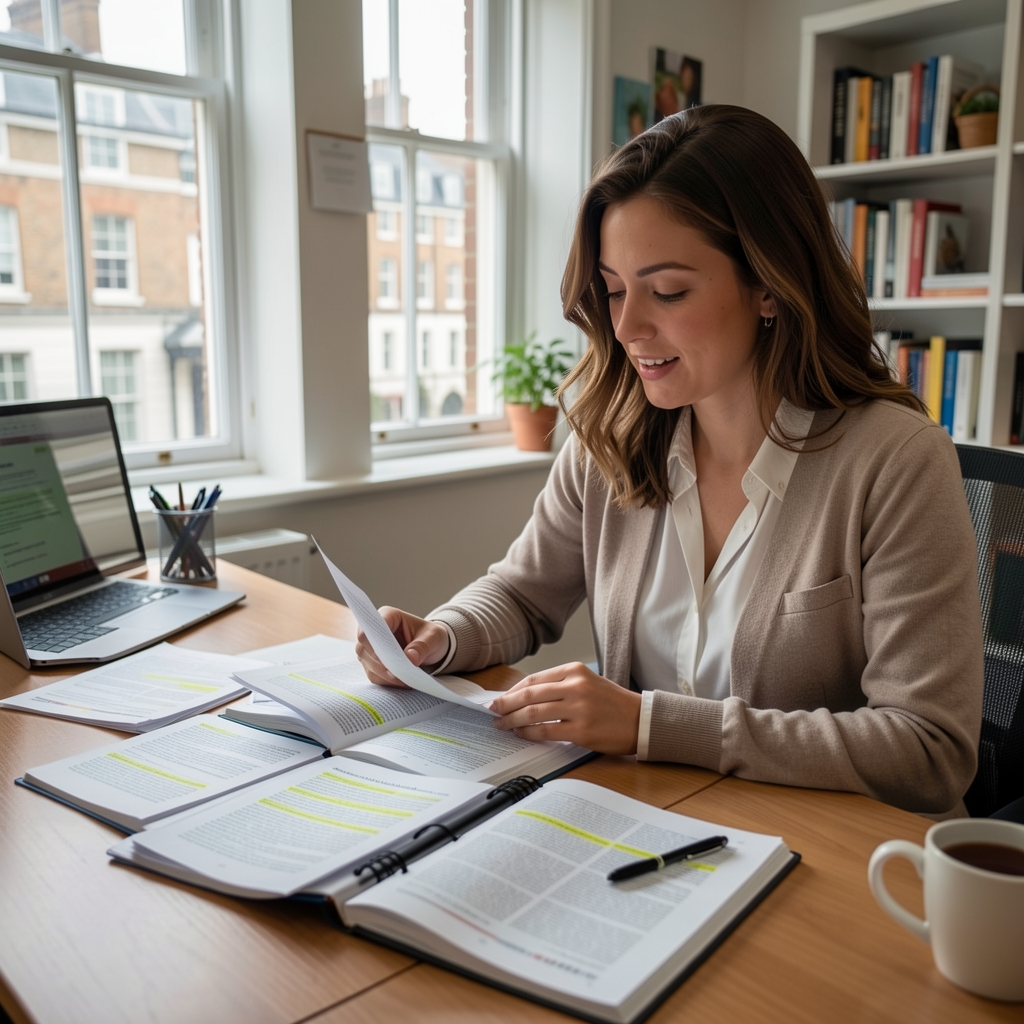 Researcher reviewing peer-reviewed nutrition journal articles at a desk, papers spread open with highlighted passages, London office environment