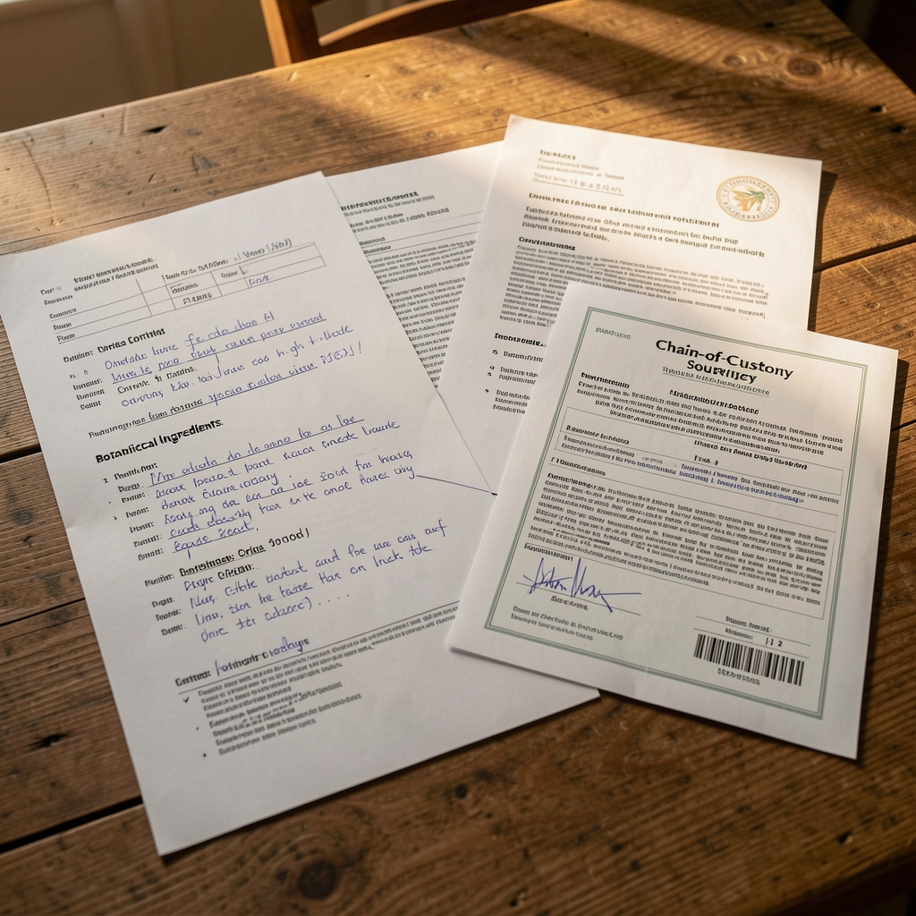 Chain-of-custody sourcing documents for botanical ingredients spread on a table, handwritten origin notes and certificates visible, warm directional lighting