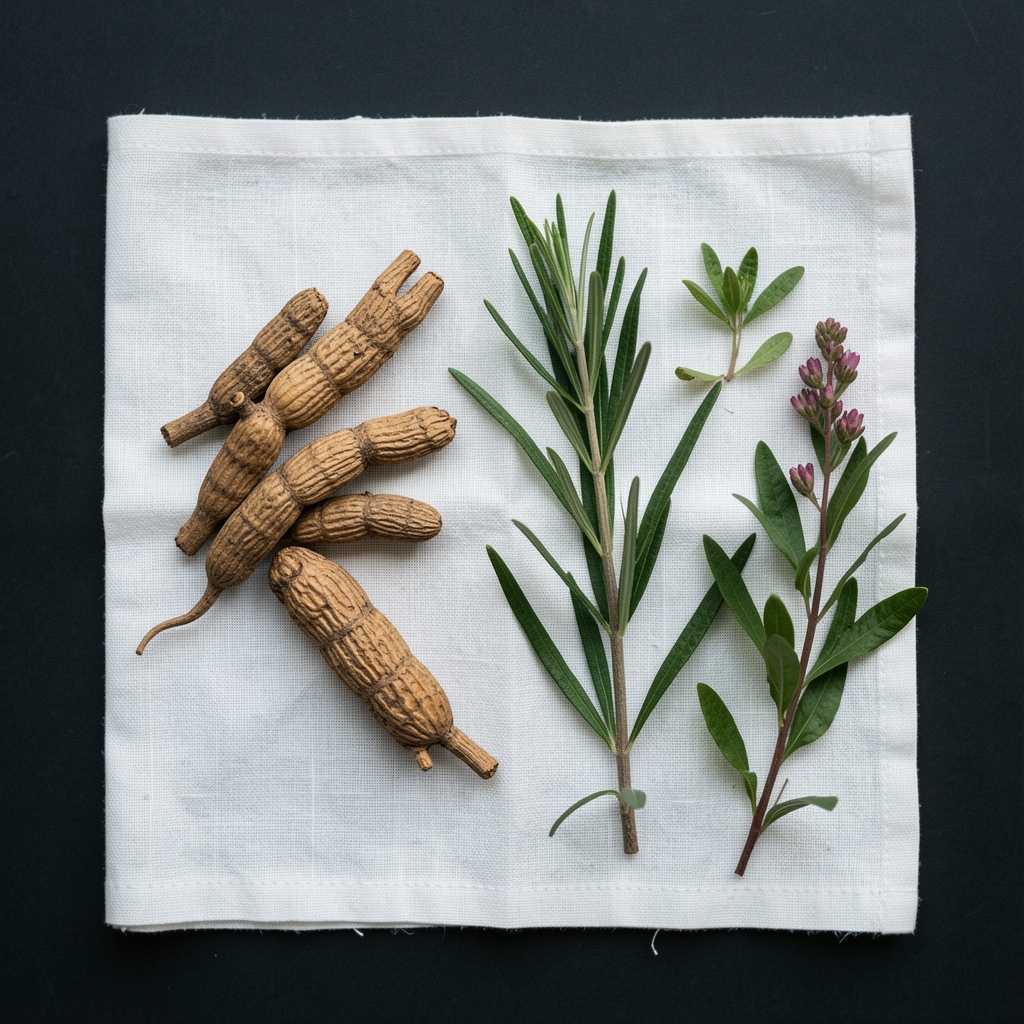 Dried ashwagandha root and rhodiola rosea plant specimens laid flat on white linen against a dark background, botanical documentary style