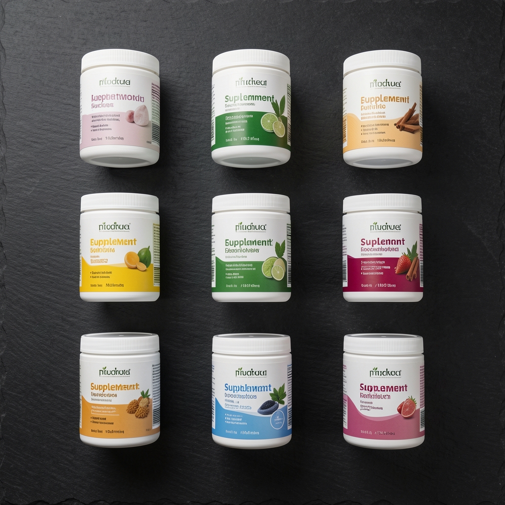 Overhead flat-lay of eleven supplement formulation containers arranged in a grid pattern on a dark slate surface, clean studio lighting, labels facing upward
