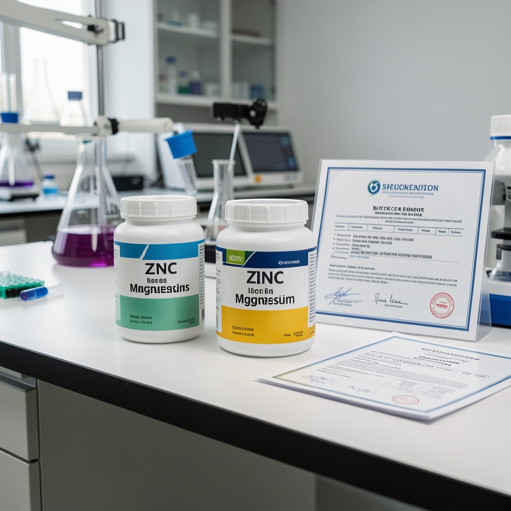 Zinc and magnesium supplement serving containers on a clean laboratory bench with batch documentation certificates visible alongside, controlled lighting