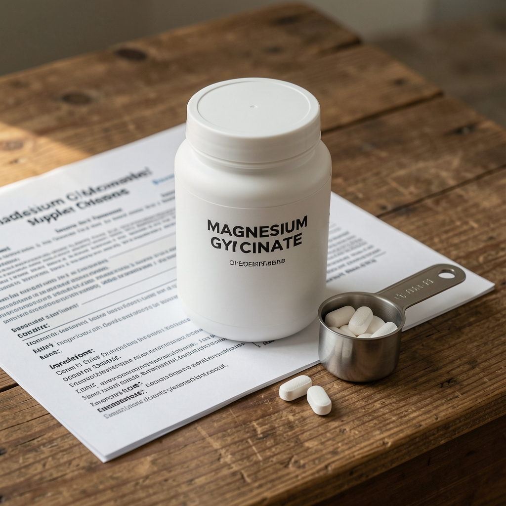 Magnesium glycinate supplement formulation displayed on a wooden surface with ingredient origin documents and a measuring scoop, editorial documentary photography