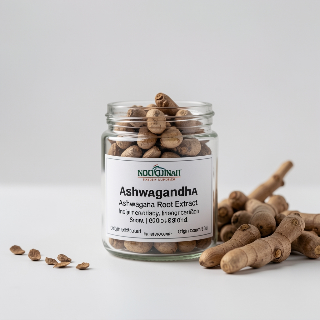 Ashwagandha root extract ingredient in a small glass jar with origin certificate from an Indian supplier, clean workspace, studio lighting