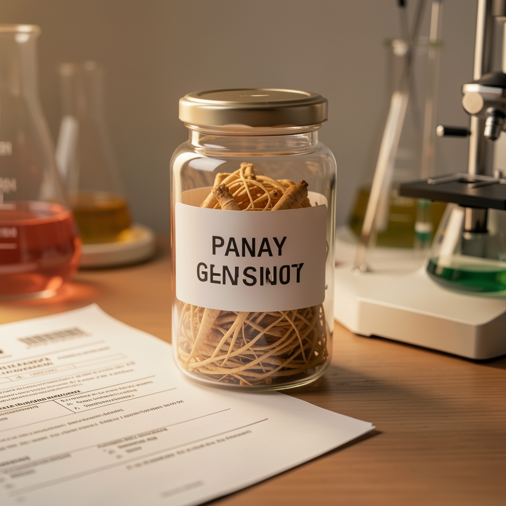 Panax ginseng root extract in a labelled ingredient container on a research bench, origin documents partially visible, warm studio lighting