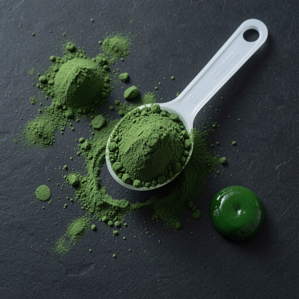 Green nutrient-dense food powder formulation in a measuring serving spoon on a dark surface, spirulina and chlorella specimens visible alongside, overhead documentary photography