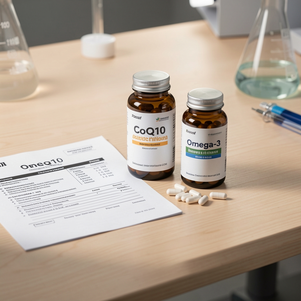 CoQ10 and omega-3 supplement serving arrangement on a clean wooden research table with ingredient documentation, directional studio light from left