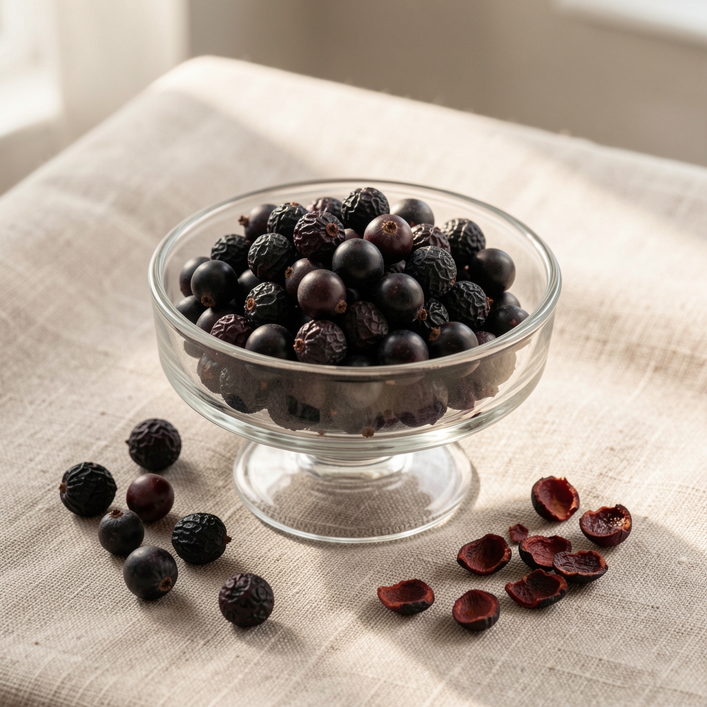 Vitamin C and elderberry extract supplement formulation in a glass serving dish, dried elderberries and rosehip fragments visible on a linen surface, natural daylight