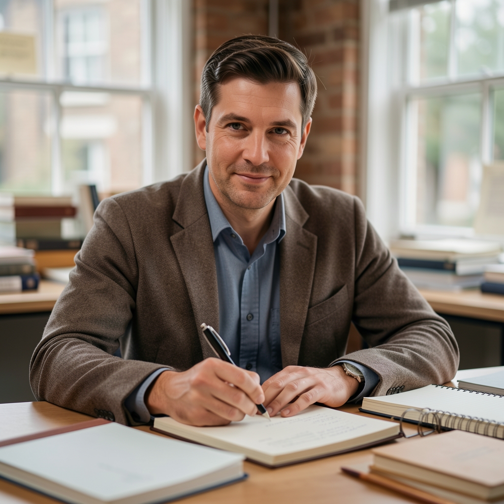 Portrait of a male editorial writer at an archival workspace in London, surrounded by formulation notebooks, writing with a pen, natural daylight